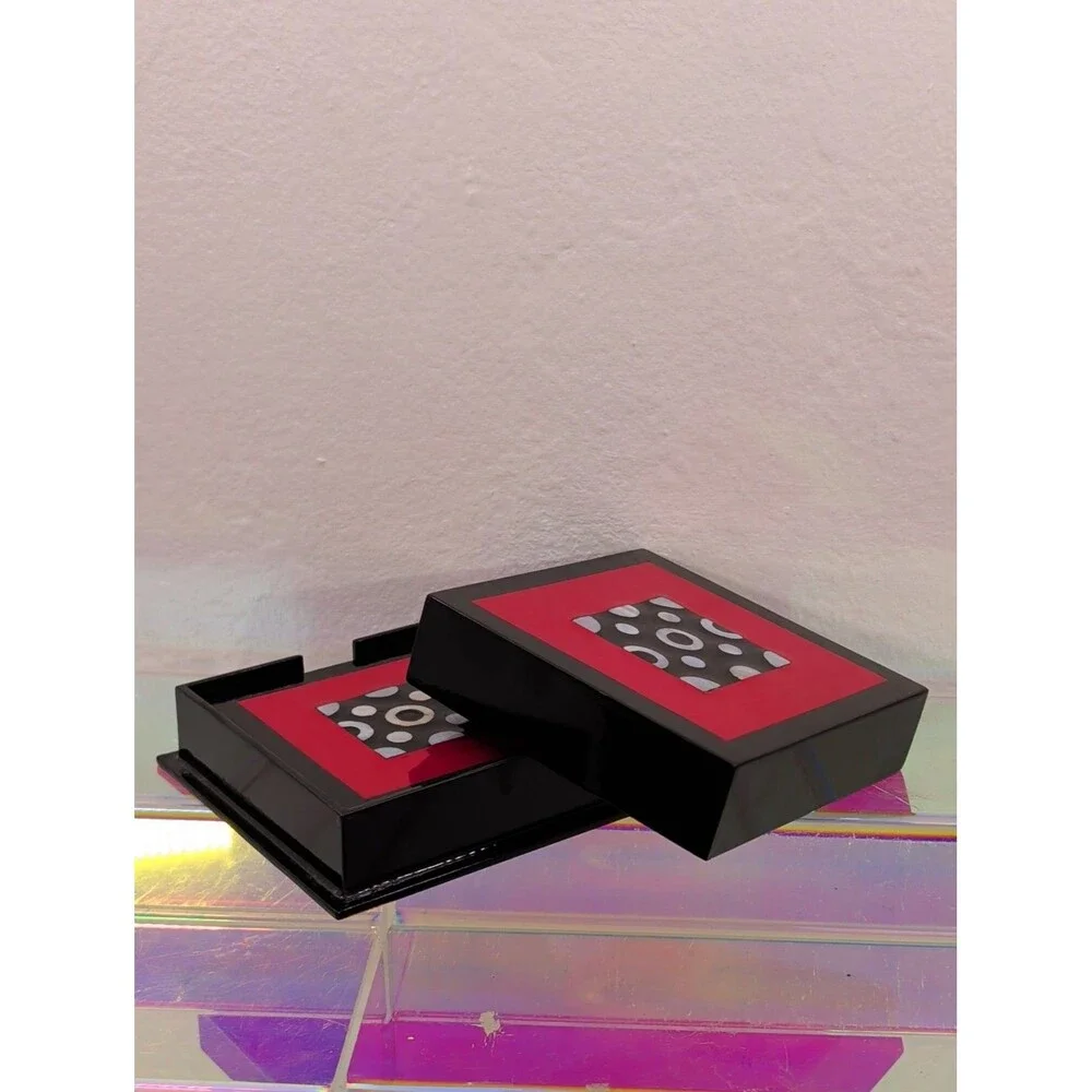 vintage article mother of pearl and lay coaster set of six with holder black red